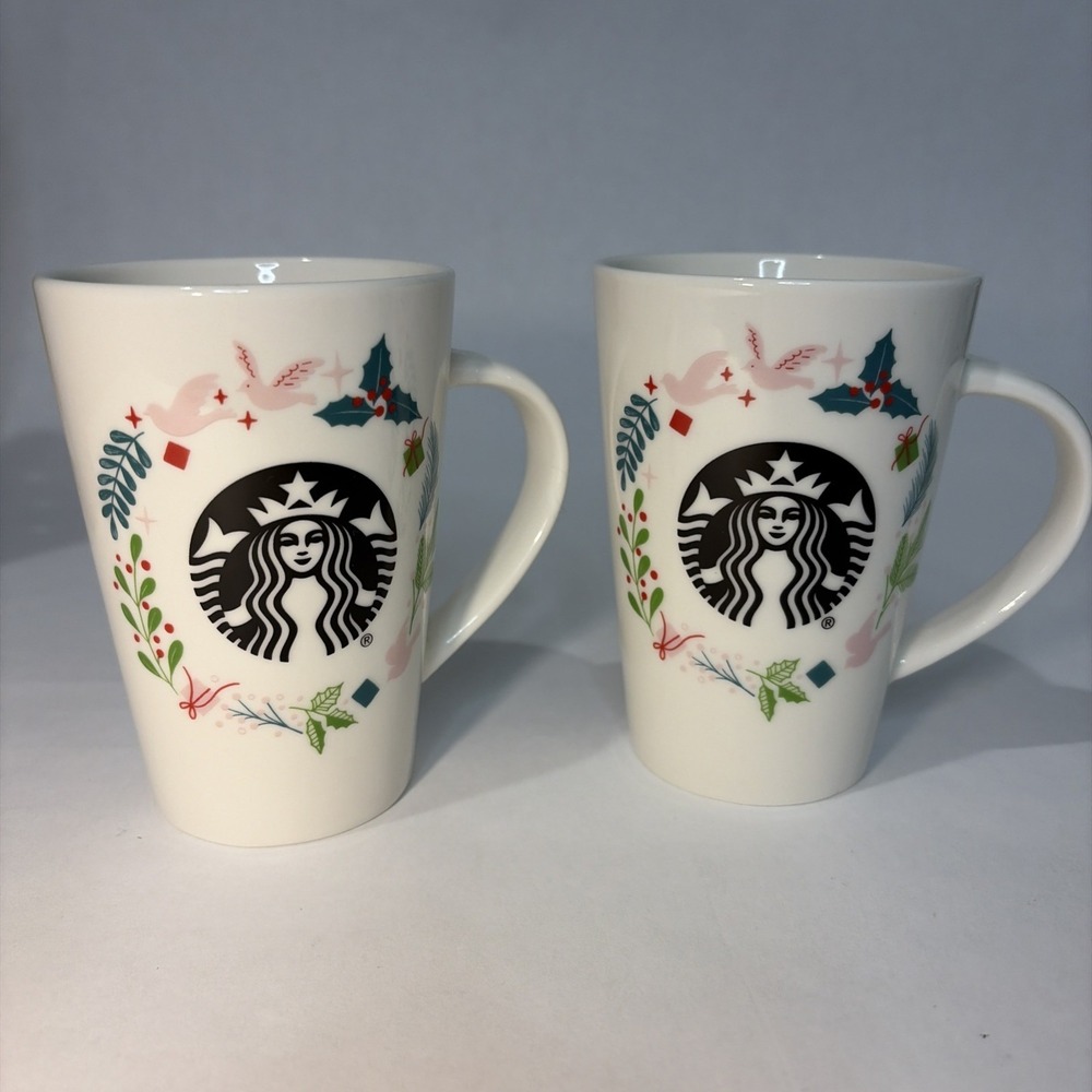 (2) Starbucks Christmas Holiday Presents Pink Dove Mugs 12 oz
